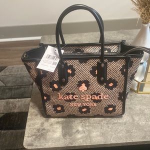 Herringbone Floral Ella Satchel Tote Crossbody Black Grey Pink Embroidered